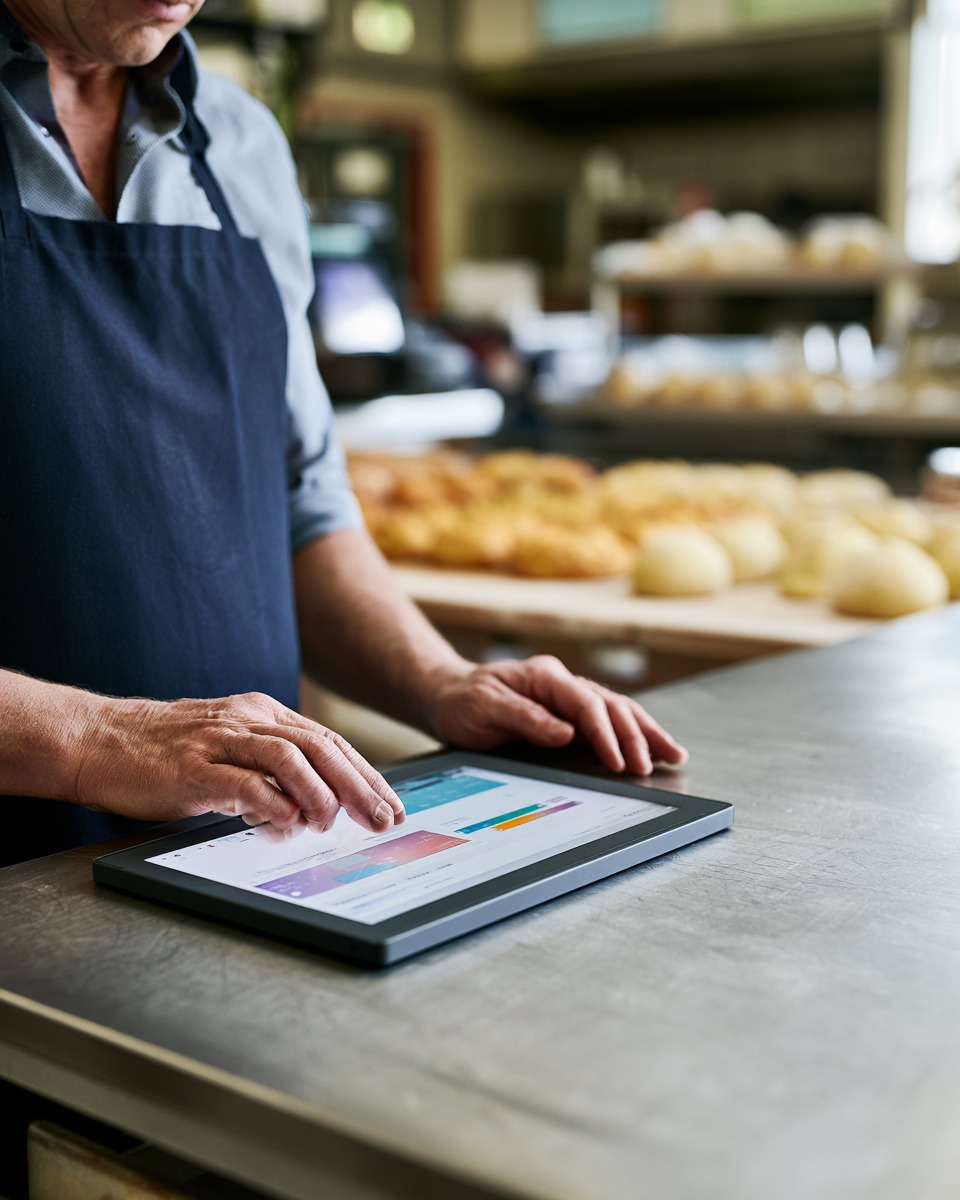 Bakker in schort bekijkt een planningsoverzicht op een tablet, met brood op de toonbank erachter